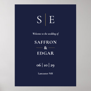 Affiche Panneau de bienvenue de mariage à monogramme bleu 