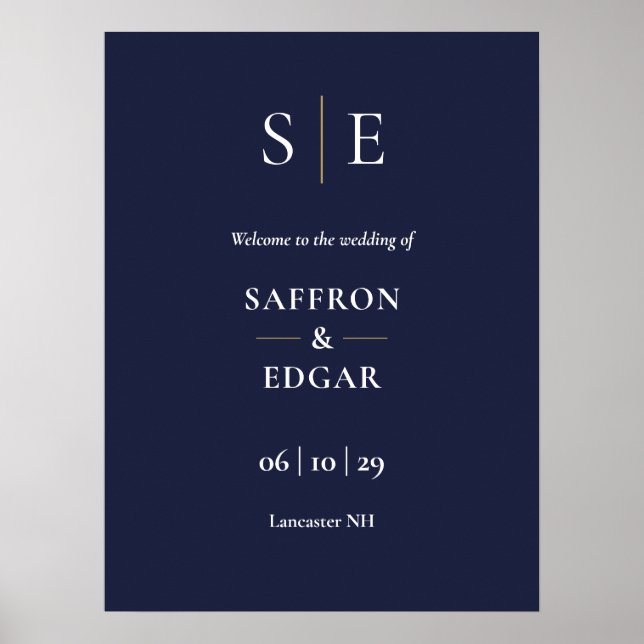 Affiche Panneau de bienvenue de mariage à monogramme bleu  (Devant)