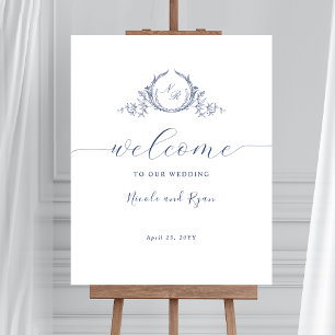 Affiche Panneau de bienvenue de mariage à monogramme bleu 