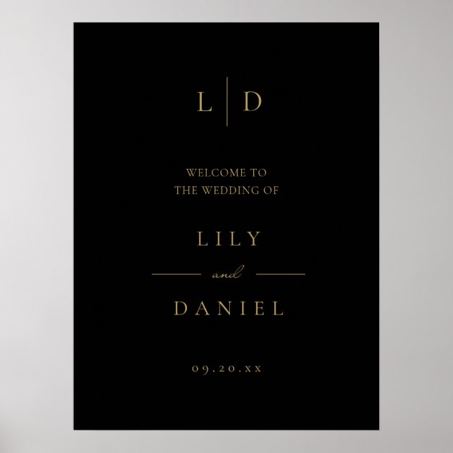 Affiche Panneau de bienvenue de mariage à monogramme noir  (Devant)