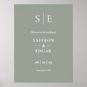 Affiche Panneau de bienvenue de mariage à monogramme vert 