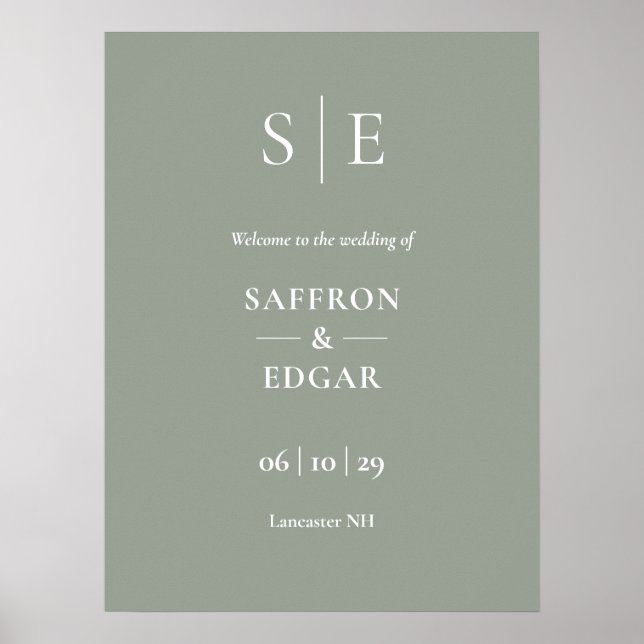 Affiche Panneau de bienvenue de mariage à monogramme vert  (Devant)