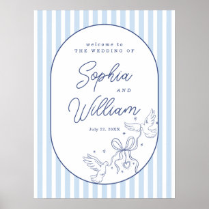 Affiche Panneau de bienvenue de mariage à rayures bleues d