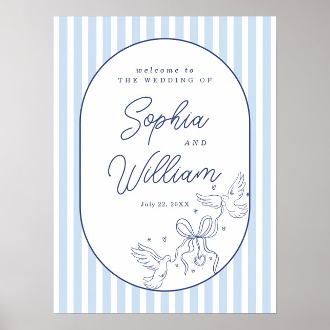 Affiche Panneau de bienvenue de mariage à rayures bleues d (Devant)