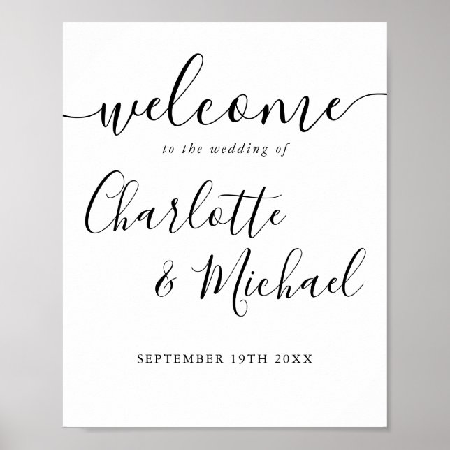 Affiche Panneau de bienvenue de mariage à script noir et b (Devant)