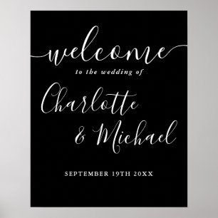 Affiche Panneau de bienvenue de mariage à script noir et b