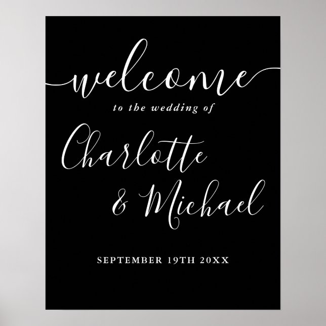 Affiche Panneau de bienvenue de mariage à script noir et b (Devant)