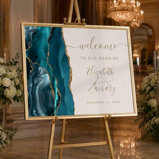 Affiche Panneau de bienvenue de mariage Agate Sarcelle Or  (Créateur téléchargé)