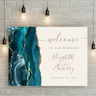 Affiche Panneau de bienvenue de mariage Agate Sarcelle Or 