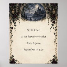Panneau de bienvenue de mariage au château gothiqu