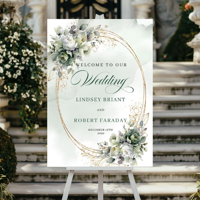 Affiche Panneau de Bienvenue de Mariage au Eucalyptus Mode (Modern Eucalyptus Wedding Welcome Sign Gold)