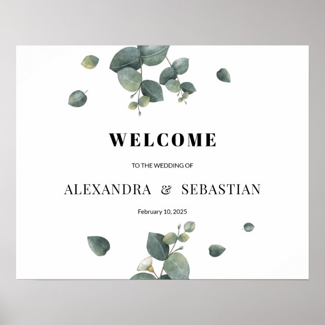 Affiche Panneau de bienvenue de mariage au eucalyptus verd (Devant)