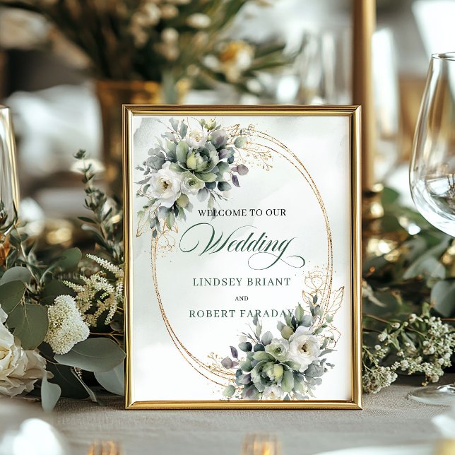 Affiche Panneau de bienvenue de mariage au eucalyptus vert (Modern Sage Green Eucalyptus Wedding Welcome Sign)