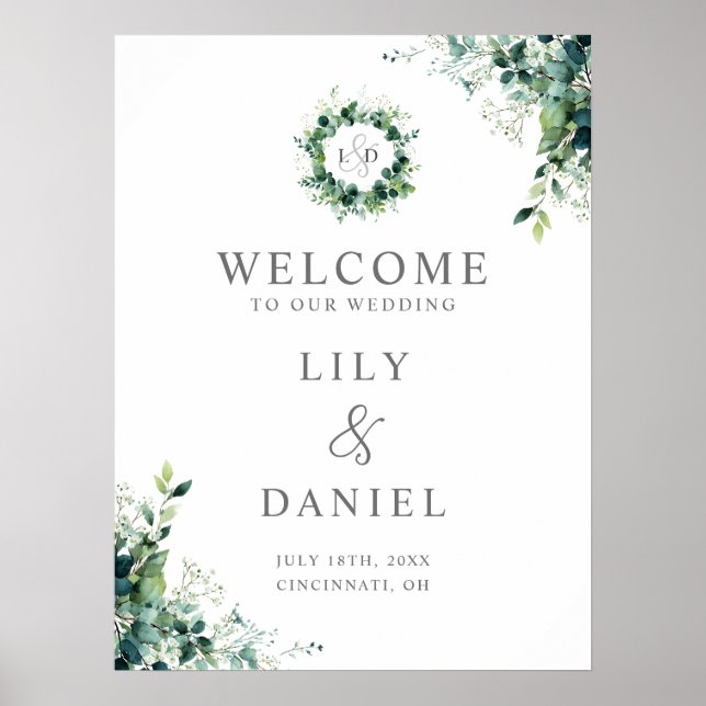 Affiche Panneau de bienvenue de mariage au monogramme de v (Devant)