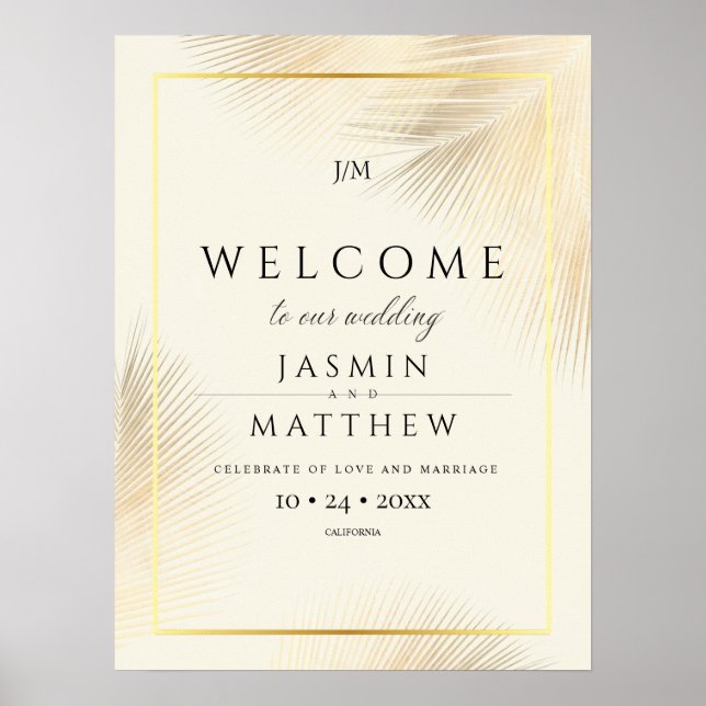 Affiche Panneau de bienvenue de mariage aux feuilles de pa (Devant)