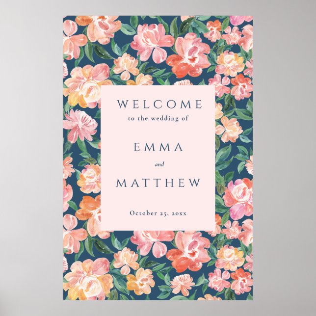Affiche Panneau de bienvenue de mariage aux fleurs d'aquar (Devant)