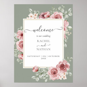 Affiche Panneau de bienvenue de mariage aux fleurs de rose