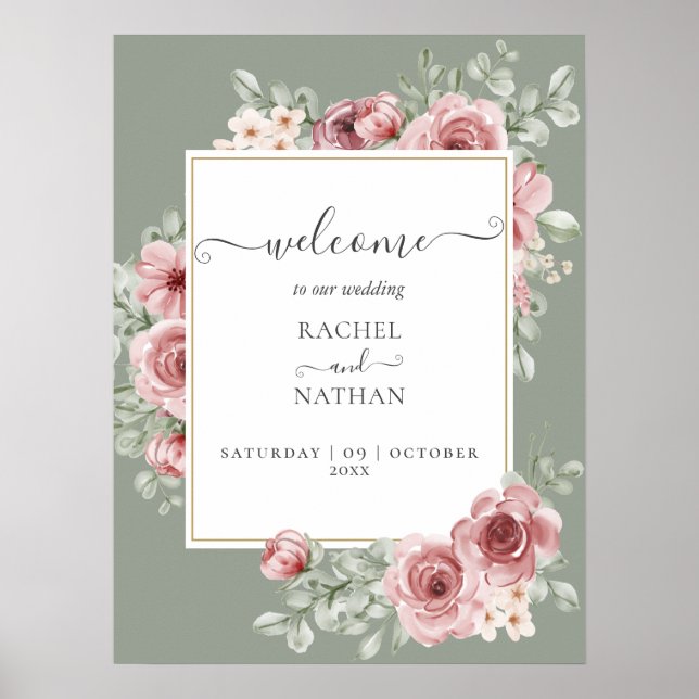Affiche Panneau de bienvenue de mariage aux fleurs de rose (Devant)
