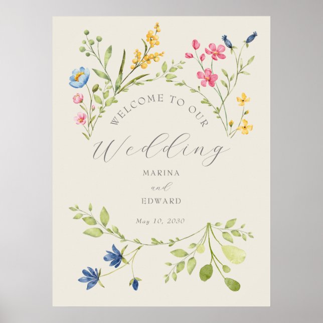 Affiche Panneau de bienvenue de mariage aux fleurs sauvage (Devant)