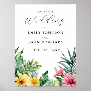 Affiche Panneau de bienvenue de mariage aux fleurs tropica