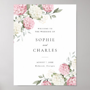 Affiche Panneau de bienvenue de mariage aux hortensias ros