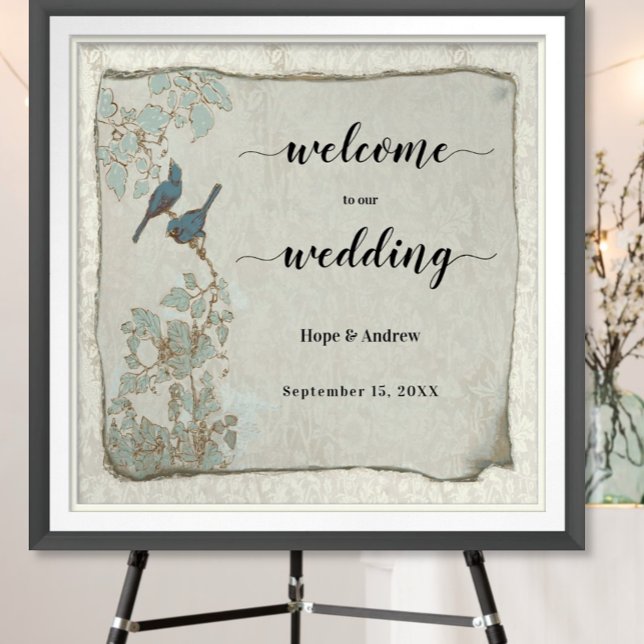Affiche Panneau de bienvenue de mariage aux oiseaux d'amou (To see frame and mat pricing,  please choose your options.)