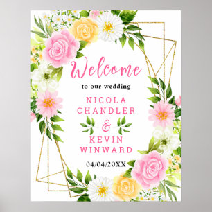 Affiche Panneau de bienvenue de mariage avec fleurs roses