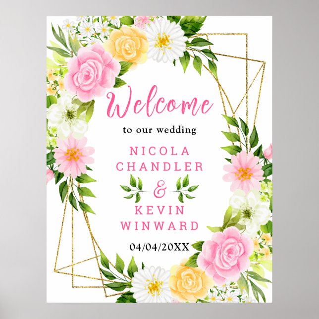 Affiche Panneau de bienvenue de mariage avec fleurs roses  (Devant)