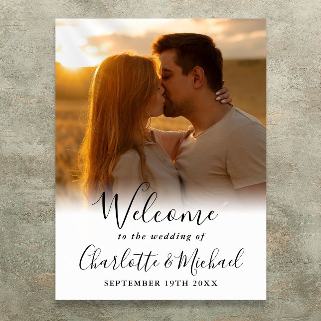 Affiche Panneau de bienvenue de mariage avec photo et écri (Black Signature Script Photo Wedding Welcome Sign)