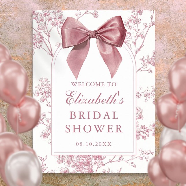 Affiche Panneau de bienvenue de mariage avec un nœud rose  (Vintage Pink Bow Bridal Shower Welcome Sign)