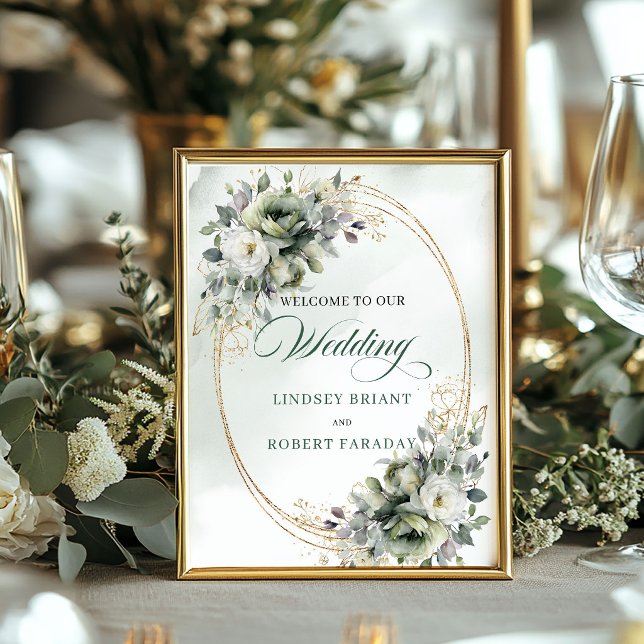 Affiche Panneau de bienvenue de mariage avec verdure de co (Natural Sage Green Greenery Wedding Welcome Sign)