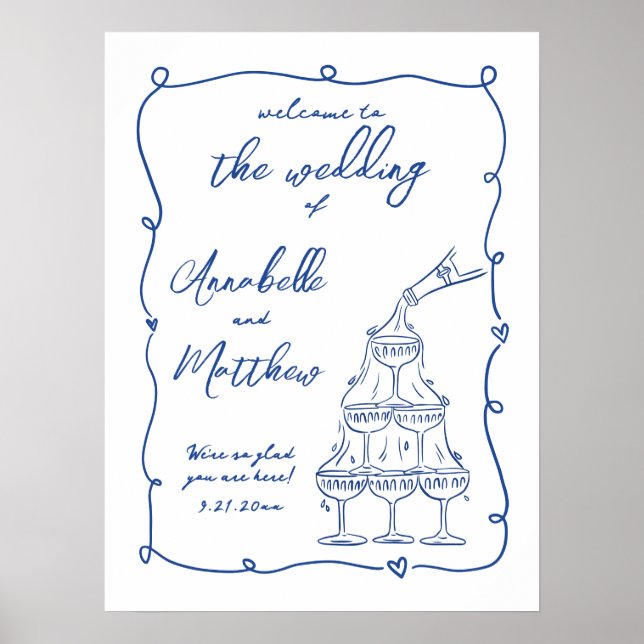 Affiche Panneau de bienvenue de mariage bleu fantaisiste d (Devant)