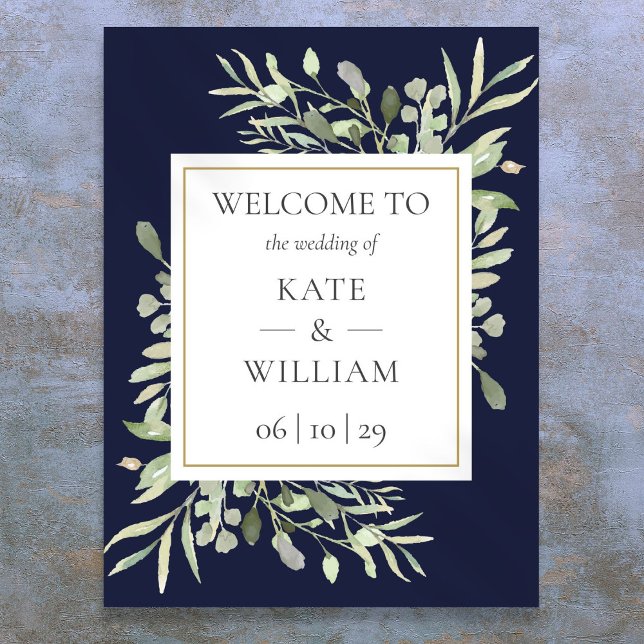 Affiche Panneau de bienvenue de mariage bleu marine avec v (Greenery Navy Blue Wedding Welcome Sign)