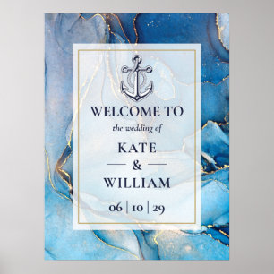 Affiche Panneau de bienvenue de mariage bleu marine et aga