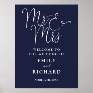 Affiche Panneau de bienvenue de mariage bleu marine M. et 
