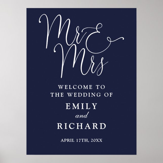 Affiche Panneau de bienvenue de mariage bleu marine M. et  (Devant)
