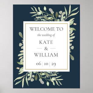 Affiche Panneau de bienvenue de mariage bleu marine or ver