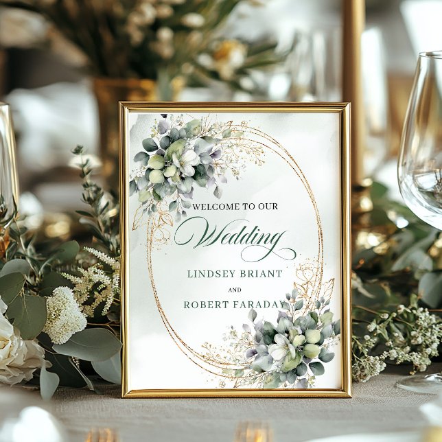 Affiche Panneau de bienvenue de mariage bohème sur table P (Boho Wedding Tabletop Welcome Sign Dusty Green Eucalyptus)