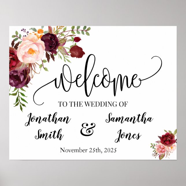 Affiche Panneau de bienvenue de mariage boho chic floral m (Devant)