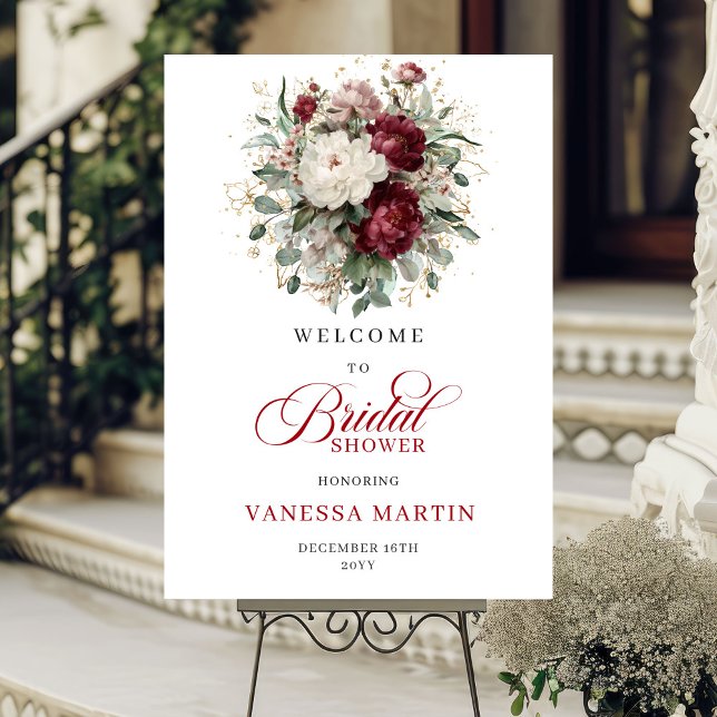 Affiche Panneau de bienvenue de mariage bordeaux floral eu (Maroon Floral Eucalyptus Gold Bridal Welcome Sign

)