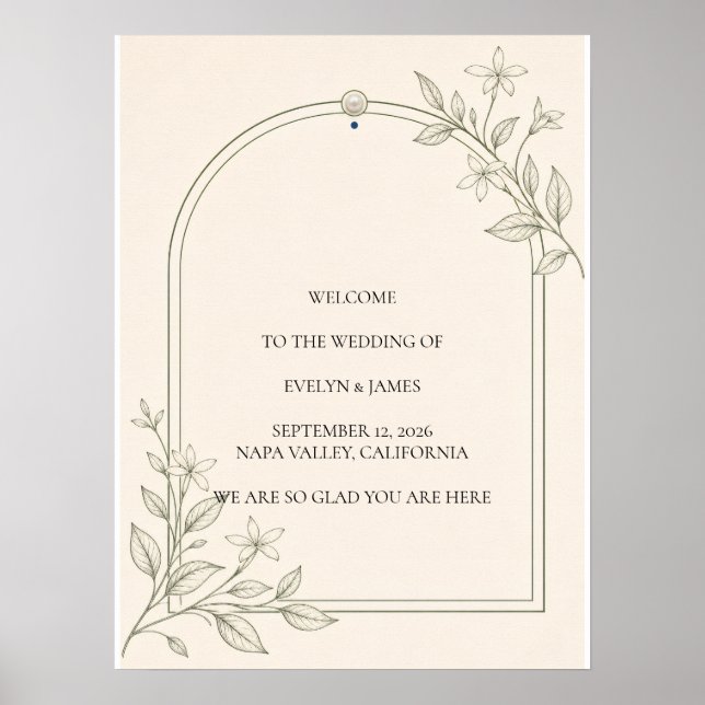 Affiche Panneau de bienvenue de mariage botanique à l'oliv (Devant)