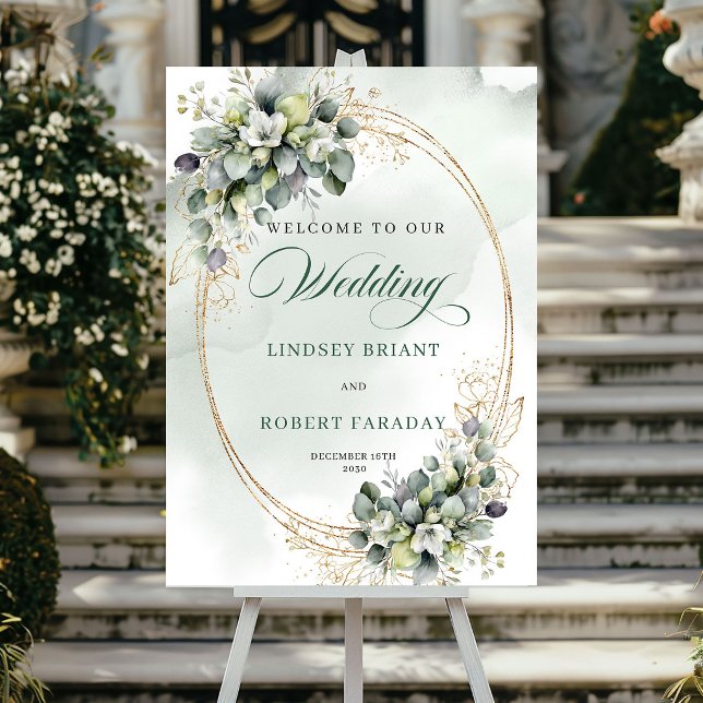 Affiche Panneau de bienvenue de mariage chic Eucalyptus Or (Chic Eucalyptus Gold Welcome Wedding Sign)