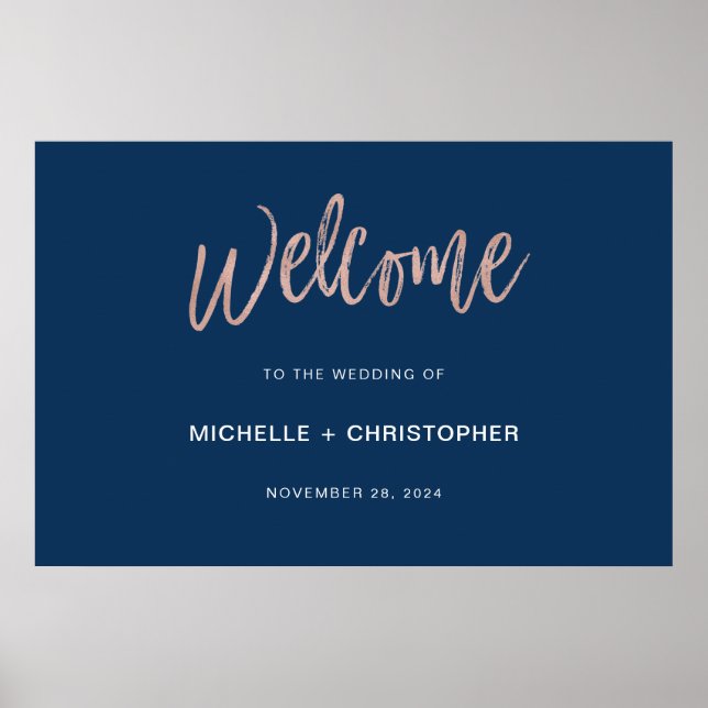 Affiche Panneau de bienvenue de mariage chic Navy & Rose G (Devant)