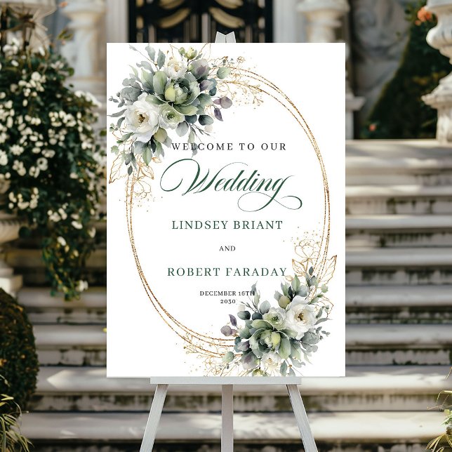 Affiche Panneau de bienvenue de mariage chic vert et or fe (Chic green and gold foliage wedding welcome sign)