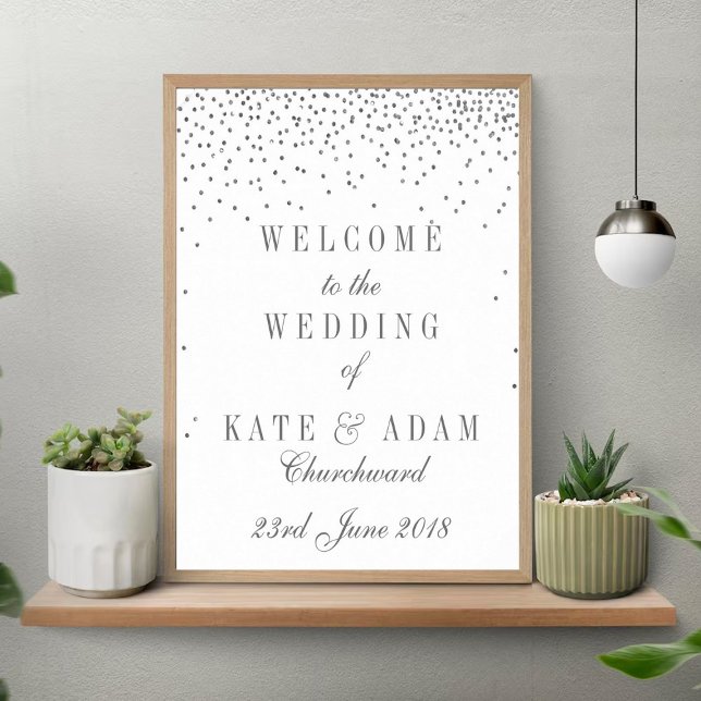 Affiche Panneau de bienvenue de mariage confettis argentés (Créateur téléchargé)