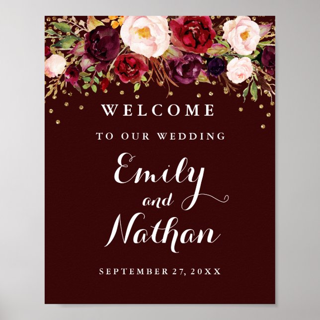 Affiche Panneau de bienvenue de mariage confettis dorés fl (Devant)