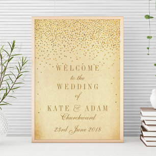 Affiche Panneau de bienvenue de mariage confettis dorés gl