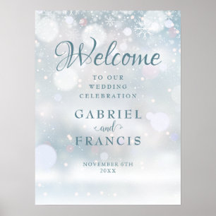 Affiche Panneau de bienvenue de mariage d'hiver aux flocon