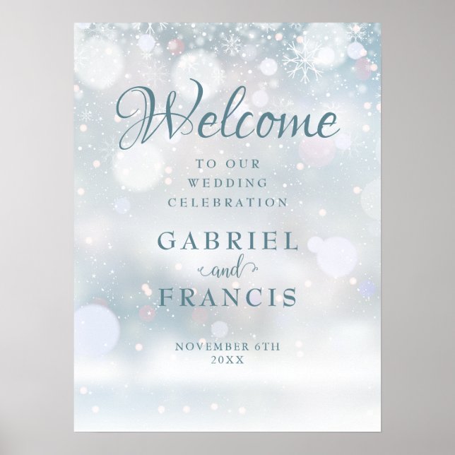 Affiche Panneau de bienvenue de mariage d'hiver aux flocon (Devant)