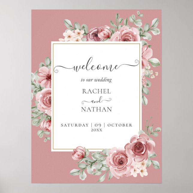 Affiche Panneau de bienvenue de mariage élégant aux fleurs (Devant)
